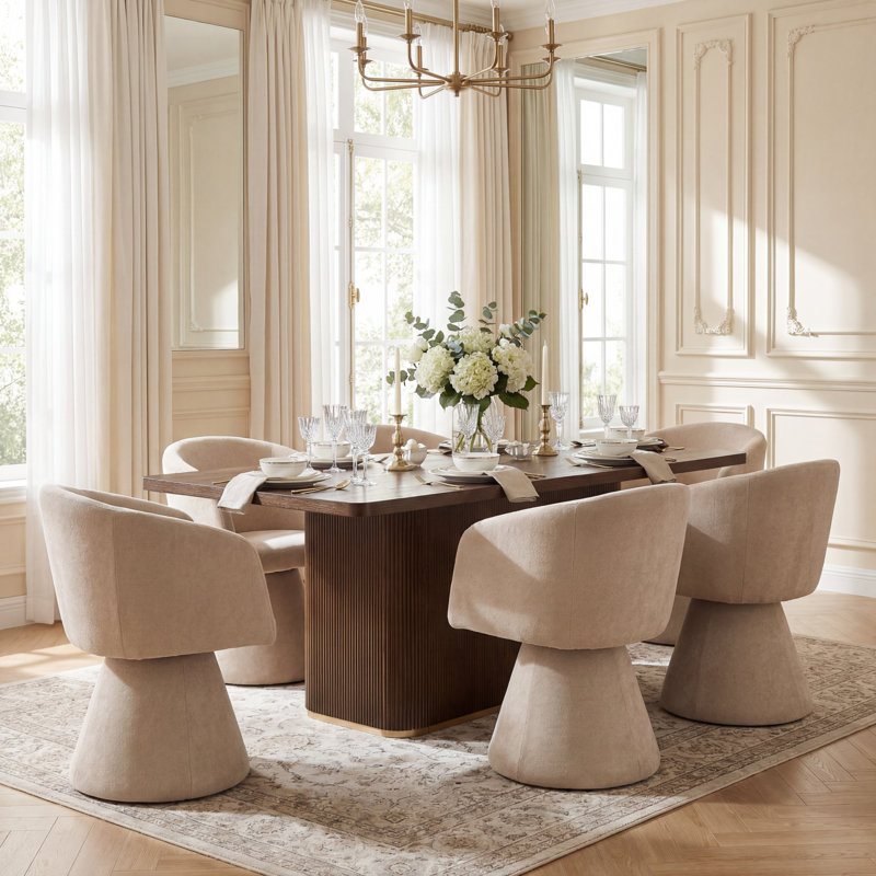 Swainswick 7-Piece Dining Table Set With 180° Swivel Chairs & Wooden Tabletop, Walnut, Oatmeal