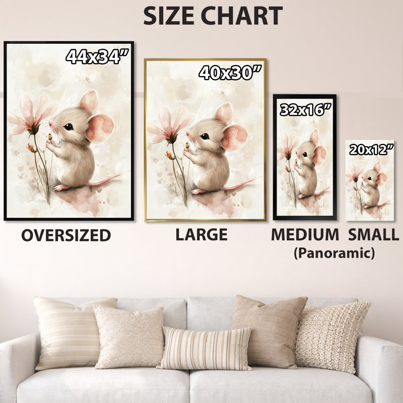 Petite souris avec une fleur I - Tableau encadré pour chambre d'enfant, 32" H x 16" W, Cadre naturel