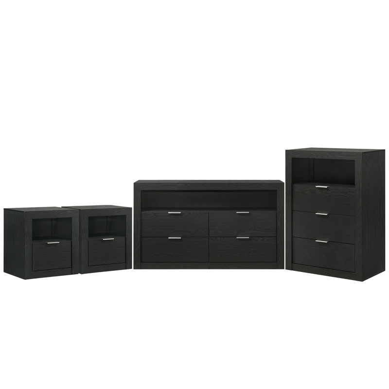 4-Pieces Bedroom Sets, 4 Pcs: 2 Nightstands, Chest, Dressers, Black
