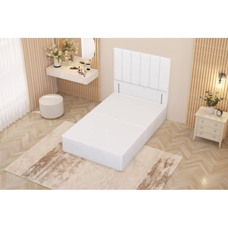 Asterin Divan Bed Base with 54" Floor Standing Headboard Plush Velvet, Small Double (4'), White, No Drawers