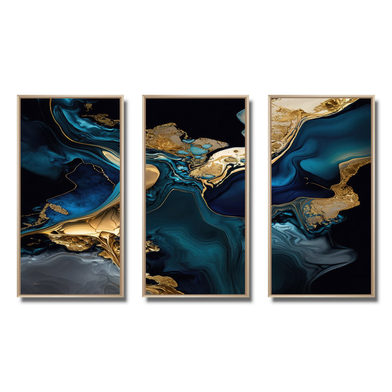 " Abstract Geode Marble Blue IV " by Designart 3 - Pieces, 32" H x 48" W x 1" D, Natural