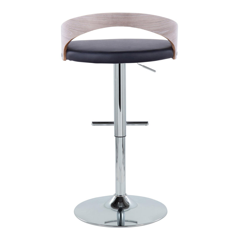 Adjustable Black PU and Grey Wood Swivel Barstool with Chrome Base