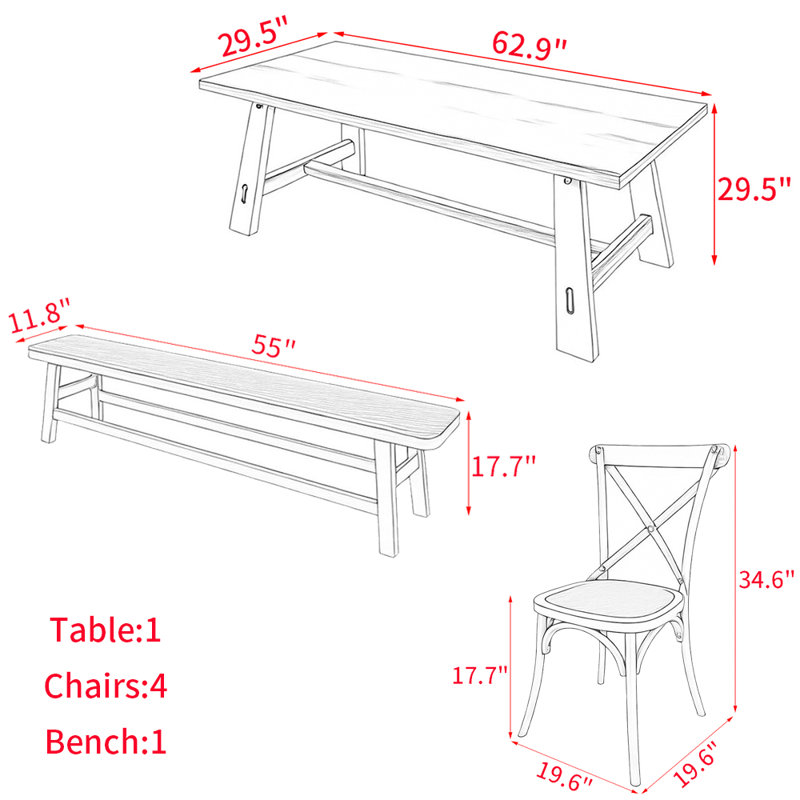 Ensemble de table de salle à manger American Country, H 29,5 po x L 62,9 po x l 29,5 po