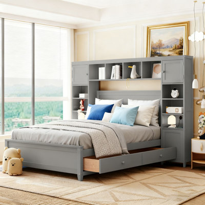Wooden Bed With All-in-One Cabinet and Shelf