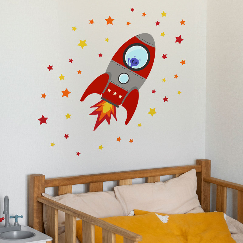 Flying Rocket Wall Stickers, 37cm H x 57cm W, Red