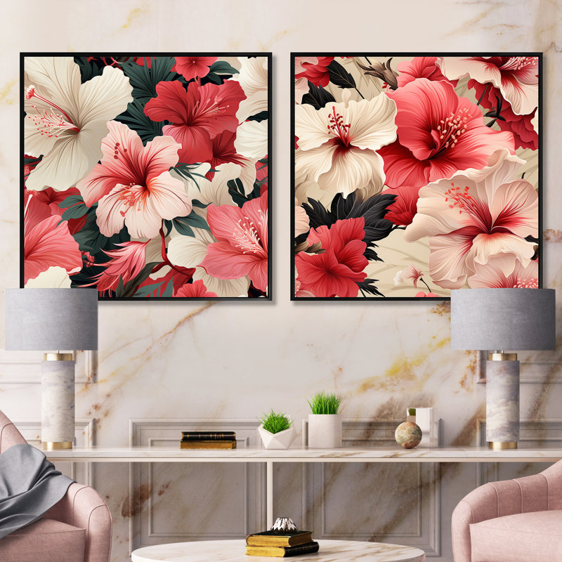 Chestle - Ensemble de 2 collages carrés floraux, H 30 po x l 61 po, Cadre flottant noir
