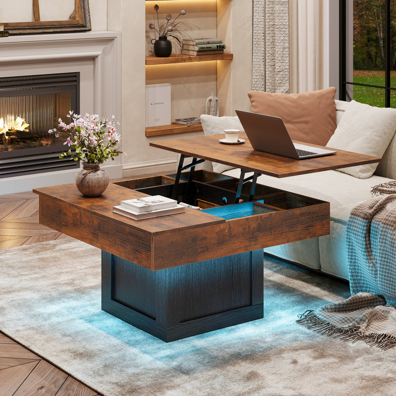 LED Lift Top Coffee Table With Storage, Brown