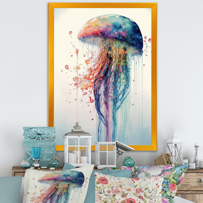 Art coloré sur toile, méduse colorée Deepsea IV, H 20 po x l 12 po, Toile avec cadre photo, Doré