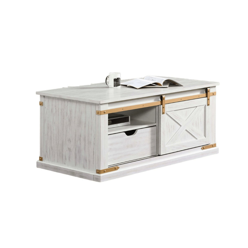 Rustic Style Antique White And Gold 1pc Coffee Table With Drawer Accessible From Both Sides, Open Shelves, And Rubber Wood Parts Contemporary Pull Out Shelves For Dining Room Setup