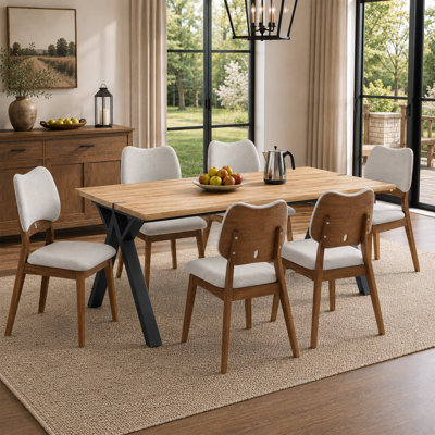 63" Modern Farmhouse Dining Table Set for 6, Rectangular Wood Grain Kitchen Table and Chairs with PU Upholstered Solid Wood Dining Chairs