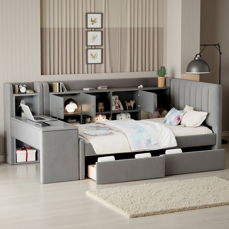 Twin Size Velvet Upholstered Daybed with Storage Drawers, Shelves, Flip Cabinets & Side Table, Gray