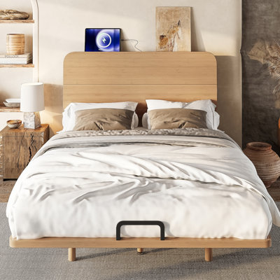 Lit plateforme en bambou massif avec tête de lit haute et ports USB
