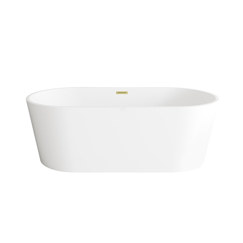 67 Inch Glossy White Acrylic Freestanding Bathtub with Brushed Gold Trim