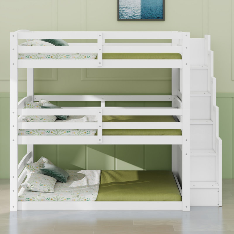 Lit superposé triple avec escalier de rangement, conception séparée, Blanc