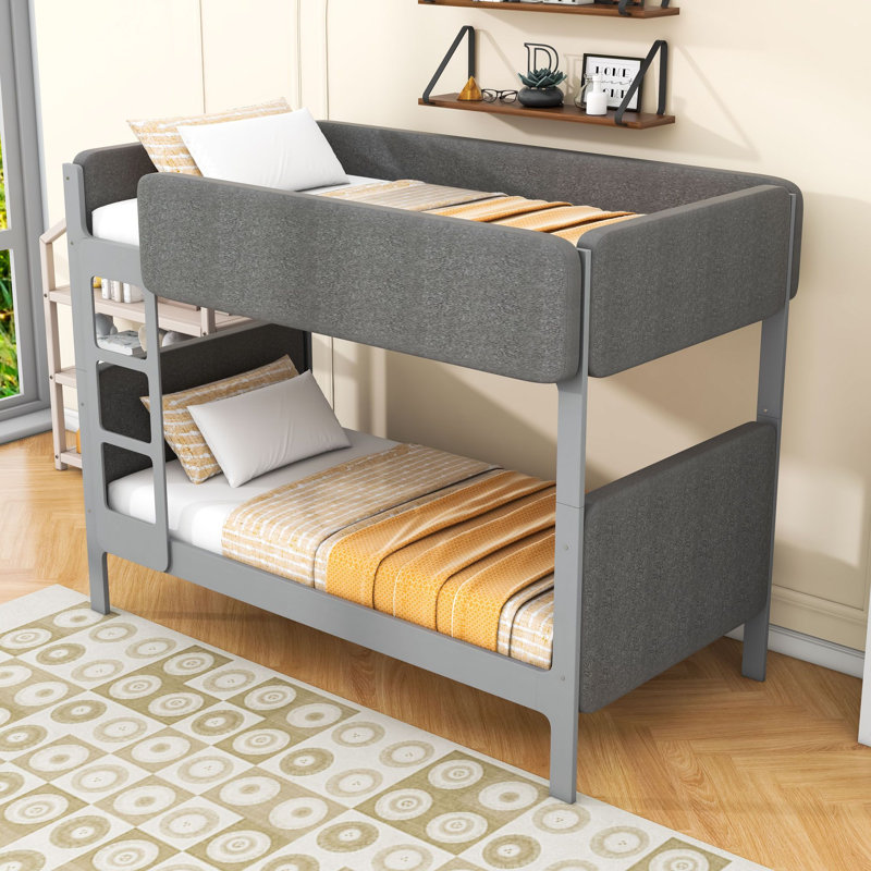 Lit superposé simple avec barrières de sécurité rembourrées et échelle, Gris