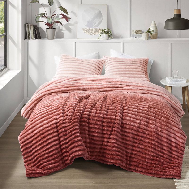 Avril Fluffy Ribbed Plush Comforter Set, Twin Comforter + 1 Standard Sham, Blush Ombre