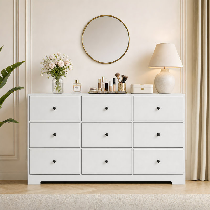 Commode large à 9 tiroirs, de style moderne, avec poignées rondes en métal, meuble de rangement fonctionnel pour la chambre à coucher, blanc.