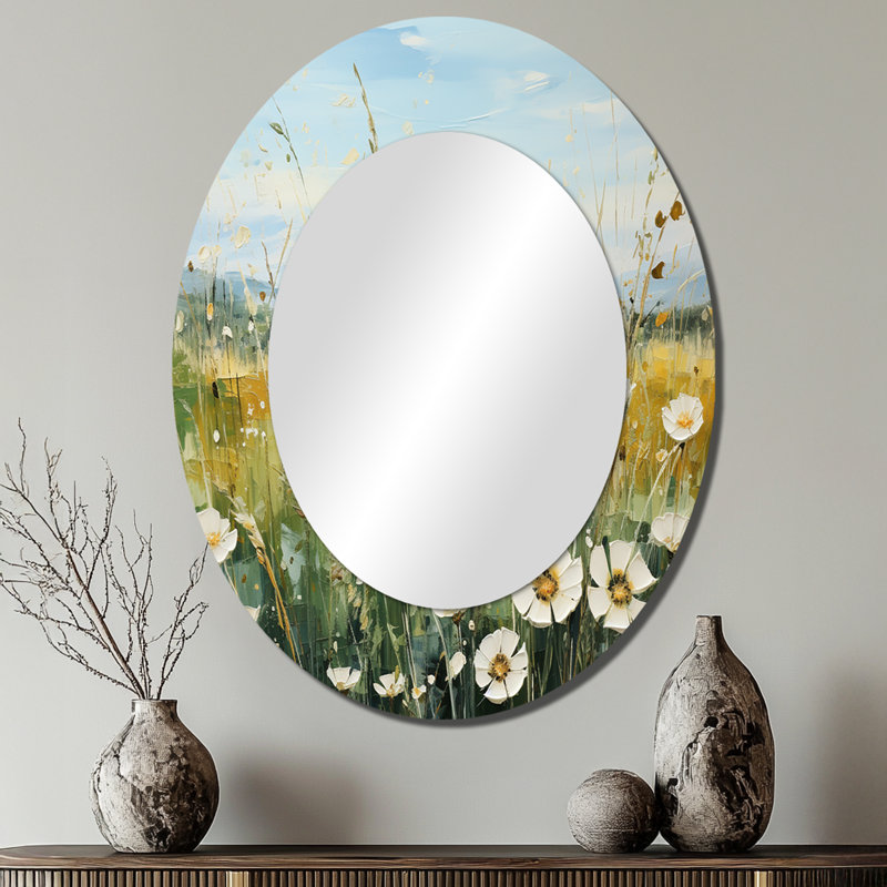 Meadow Whispers Of Spring III - Grand miroir mural ovale sur métal, 40 po x 30 po