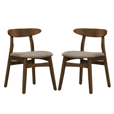 Dining Chair Set Of 2, Beige Fabric Seat, Walnut Brown Curved Backrest