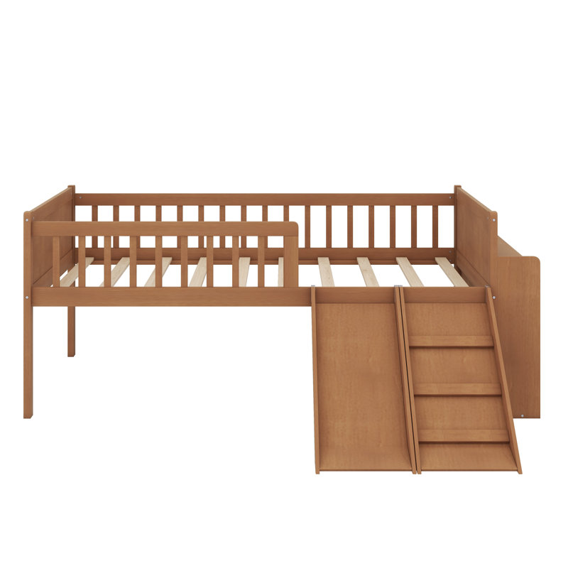 Structure de lit plateforme en bois avec glissoire, échelle, tablette de rangement et garde-corps de sécurité, Noyer clair