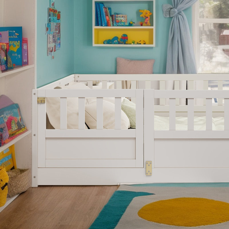 Lit plateforme pour enfant avec clôture et porte, Double, Blanc