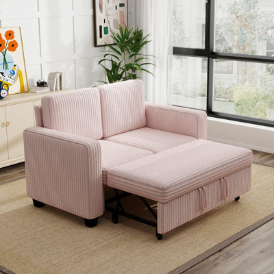 58.1 Inch Pink Corduroy Modular 2-Seat Pull-Out Sofa Bed, Multi-Functional 2-In-1 Convertible Couch For Small Space Living Room