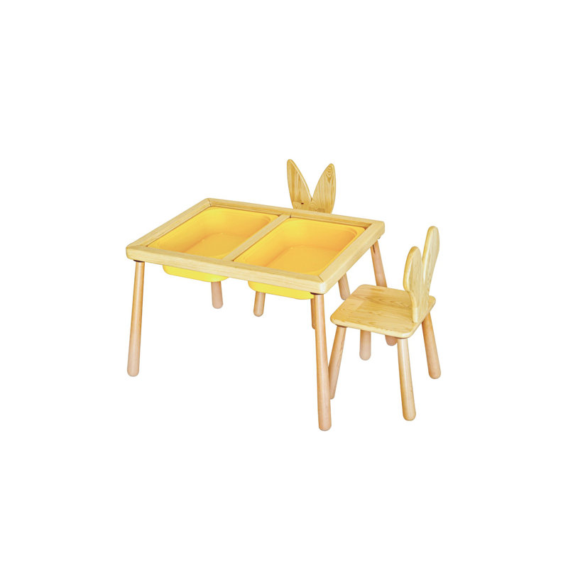 Ensemble de table pour enfant (3 pièces), jaune vif, 29,9 po x 20,5 po x 21,3 po | 100% bois de pin, durable et sécuritaire | Comprend 2 chaises (11,0 x 12,6 x 11,0 pouces) | Parfait pour les salles de jeux, design moderne, amusant et fonctionnel
