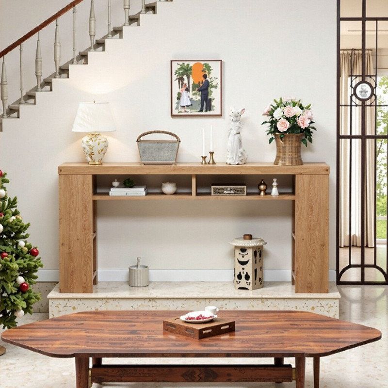 180cm Extra Long Solid Wood Charging Console Table With 5-Tier Shelves & USB Ports, Natural Wood