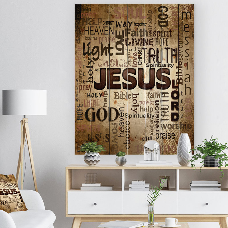 Nuage de mots textuels, art sur toile - Nuage de mots Jésus, H 40 po x l 30 po x P 1,5 po, Bois
