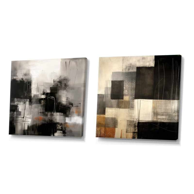 Ensemble de 2 collages carrés noirs Mid Century Fusion - Mid-Century, Toile tendue, H 16 po x l 33 po