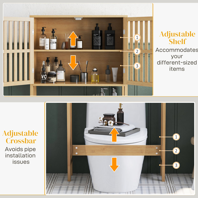 Over Toilet Cabinet For Bathroom Storage - Spacious Organizer With Slatted Doors And Adjustable Shelves Space Shelf Unit