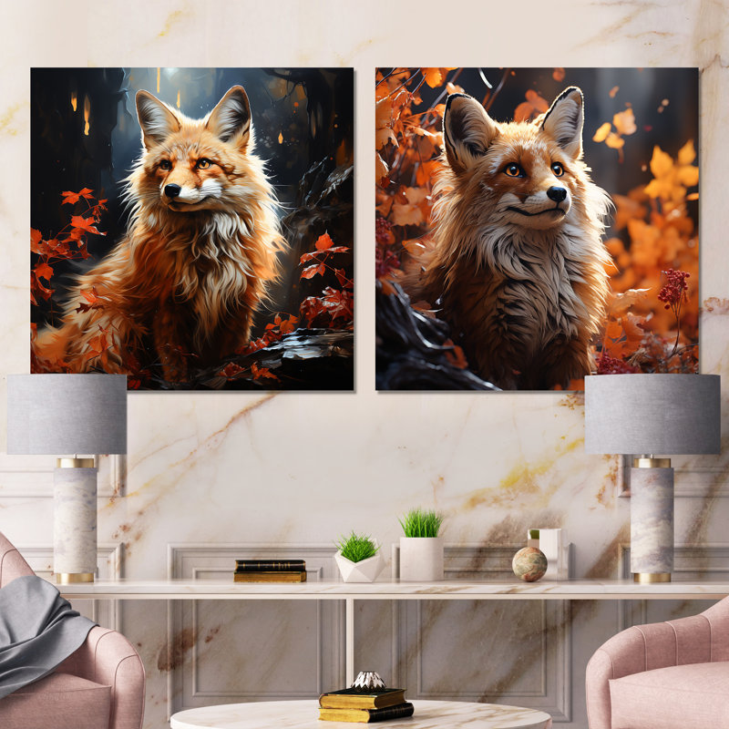 Fox Photo In Autuman I - Ensemble de 2 décorations murales Fox, Toile tendue, H 16 po x l 33 po x P 1 po
