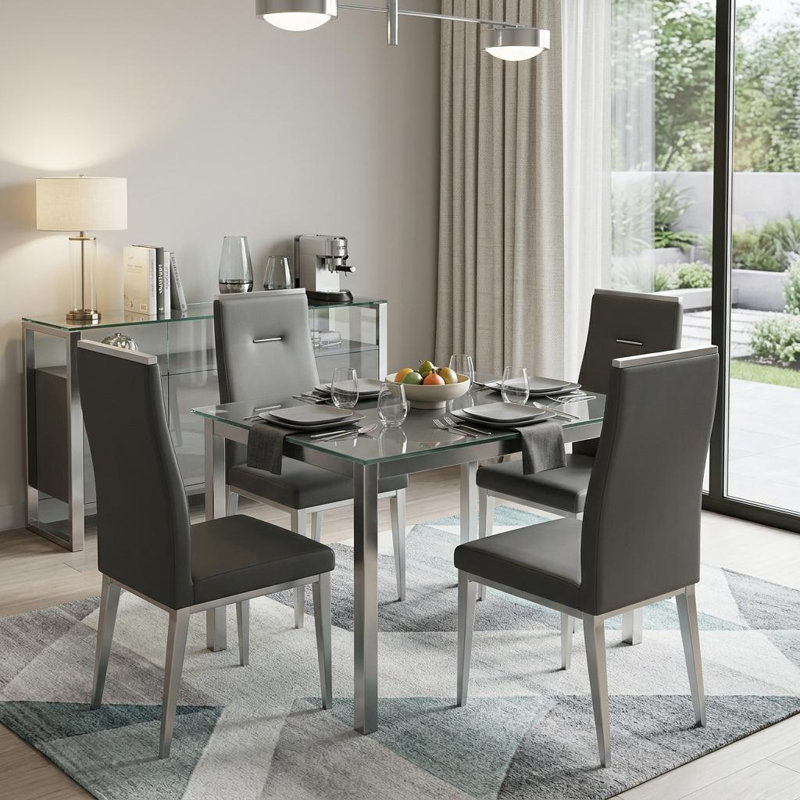 Ensemble de quatre chaises d'appoint en similicuir noir et argent, Black, Silver