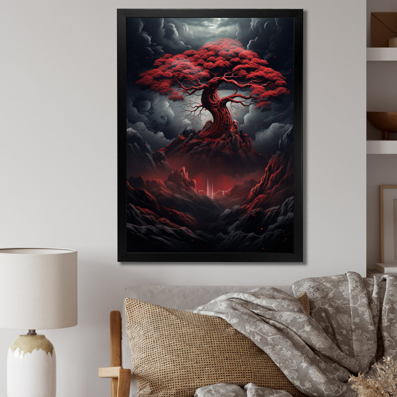 «Occult Red Tree Full Moon Mountain Magic I», reproduction sur toile, H 44 po x l 34 po x P 1,5 po, Cadre simple noir