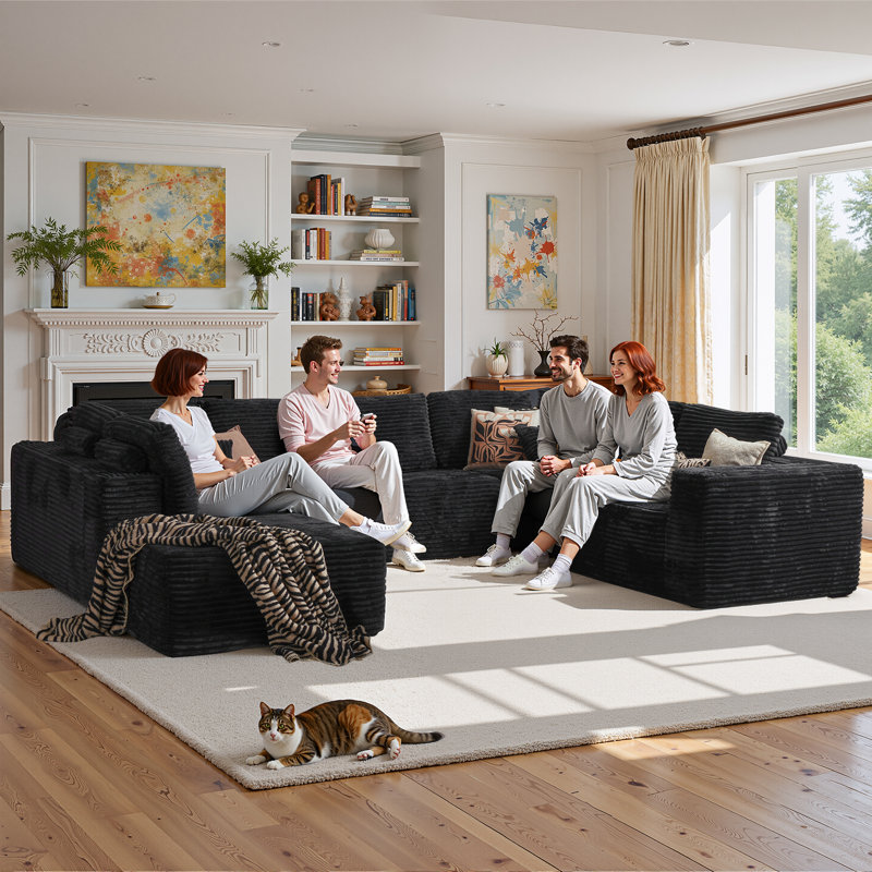 Canapé modulaire en velours côtelé 5 pièces Vivelle, Noir