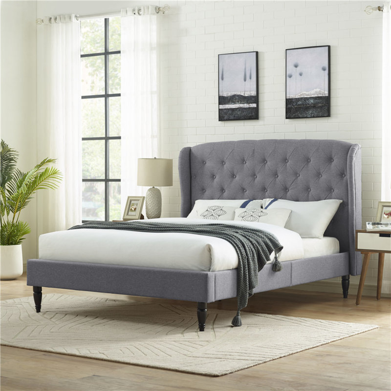 Coyte Upholstered Metal Wingback Bed, Full, Light Gray