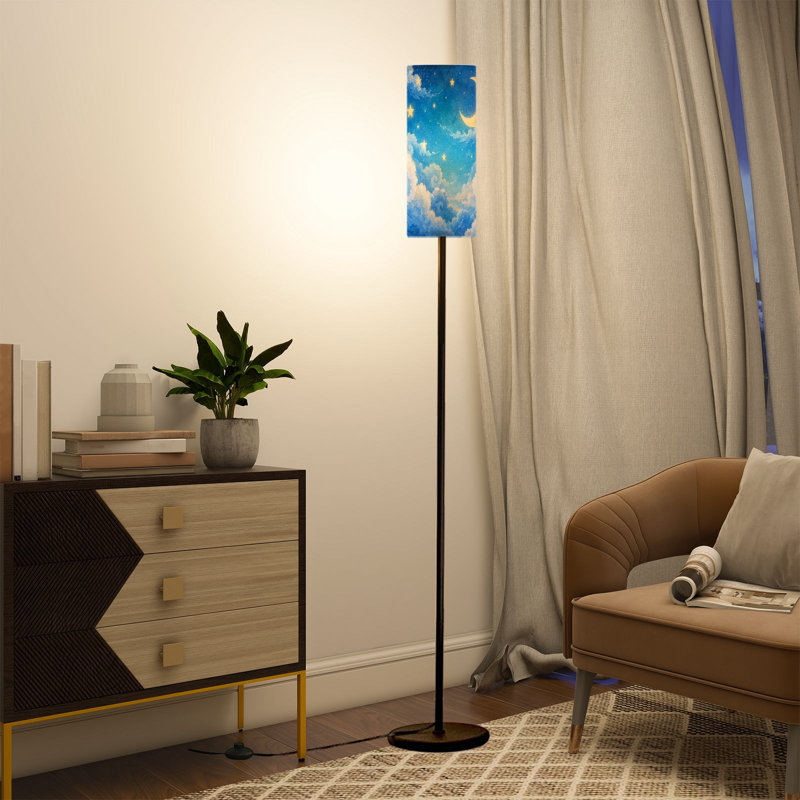 Lampadaire de 175 cm (69 pouces) avec ciel nocturne de rêve, croissant de lune et étoiles scintillantes. Lampe moderne à tige en métal, abat-jour cylindrique en lin, ampoule DEL 3 couleurs, télécommande et interrupteur au pied. Parfait pour le salon, la chambre ou le bureau.