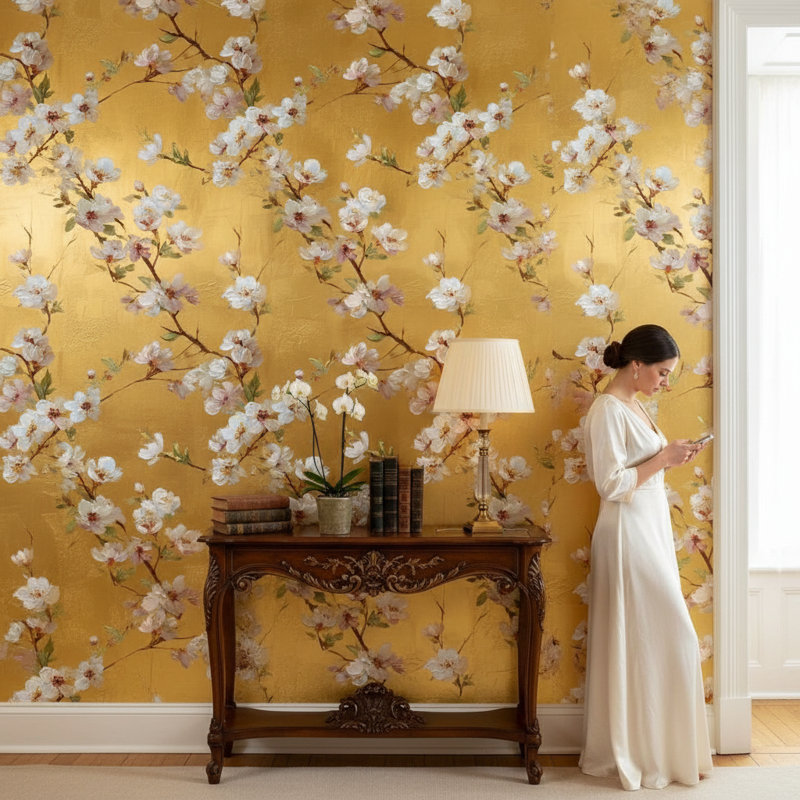 Papier peint floral, décoration murale murale dorée rétro