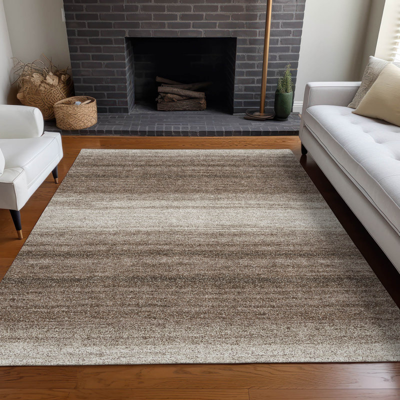 Brown and Beige 10' x 14' Synthetic Stripe Washable Rug