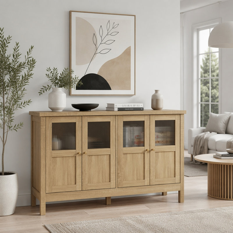 Buffet avec portes en acrylique et tablettes réglables, parfait pour un décor et un rangement bohémien moderne