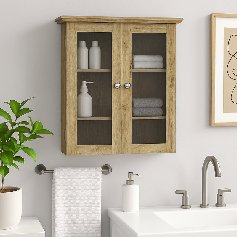 Armoire murale amovible à deux portes avec verre texturé à l'eau et tablettes réglables, Chêne clair