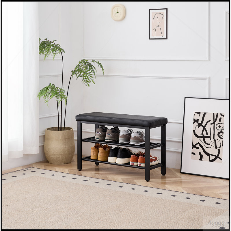 Petit banc à chaussures, étagère à chaussures à 3 niveaux, banc de rangement pour chaussures avec coussin de siège en polyuréthane, banc de rangement pour chaussures d'entrée avec tablettes en maille métallique, range-chaussures autoportant pour le couloir