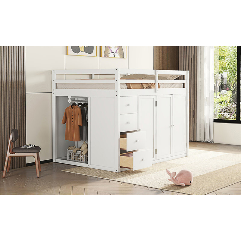 Full Size Wood Loft Bed With Built-In Wardrobes