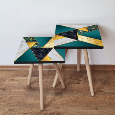 Ensemble de 2 tables gigognes modernes, conception géométrique, pieds en bois de hêtre, 13,8 po x 18,5 po x 13,8 po et 13,8 po x 16,5 po x 13,8 po | 100% panneau de fibres à densité moyenne, épaisseur: 0,7 po | Élégant et fonctionnel pour la décoration de salon et de bureau