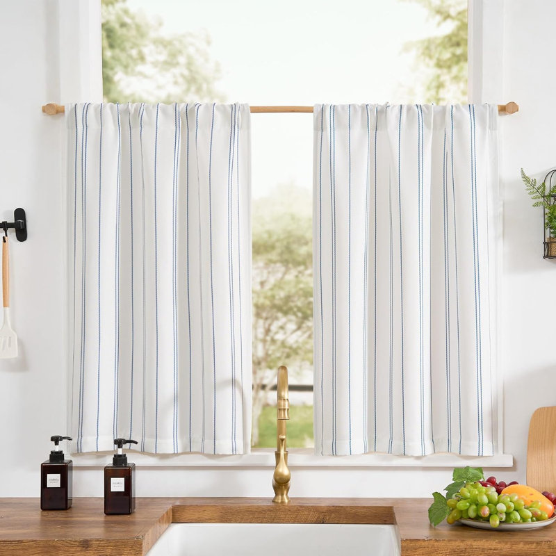 Striped Modern Farmhouse Kitchen Curtains Linen Look Cafe Curtains, Blue, 25" W x 24" L