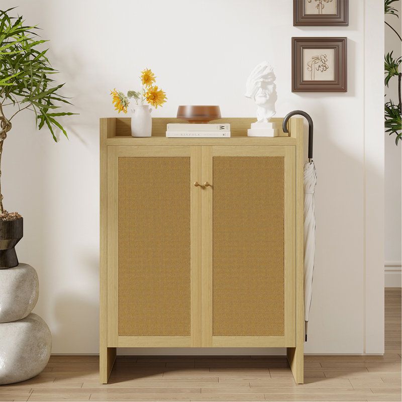 42.5" Tall Rattan Shoe Cabinet with Doors, 6-Tier Shoe Storage Cabinet with Adjustable Shelves, Wooden Freestanding Shoe Organizer Shoe Cabinet for Entryway,Hallway,Living Room (Natural)