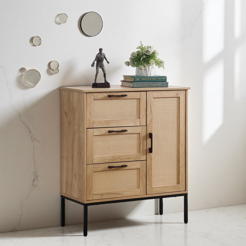 Armoire de rangement de style Mid-Century: 3 tiroirs, portes en rotin, tablettes réglables, idéale pour le salon et la salle à manger