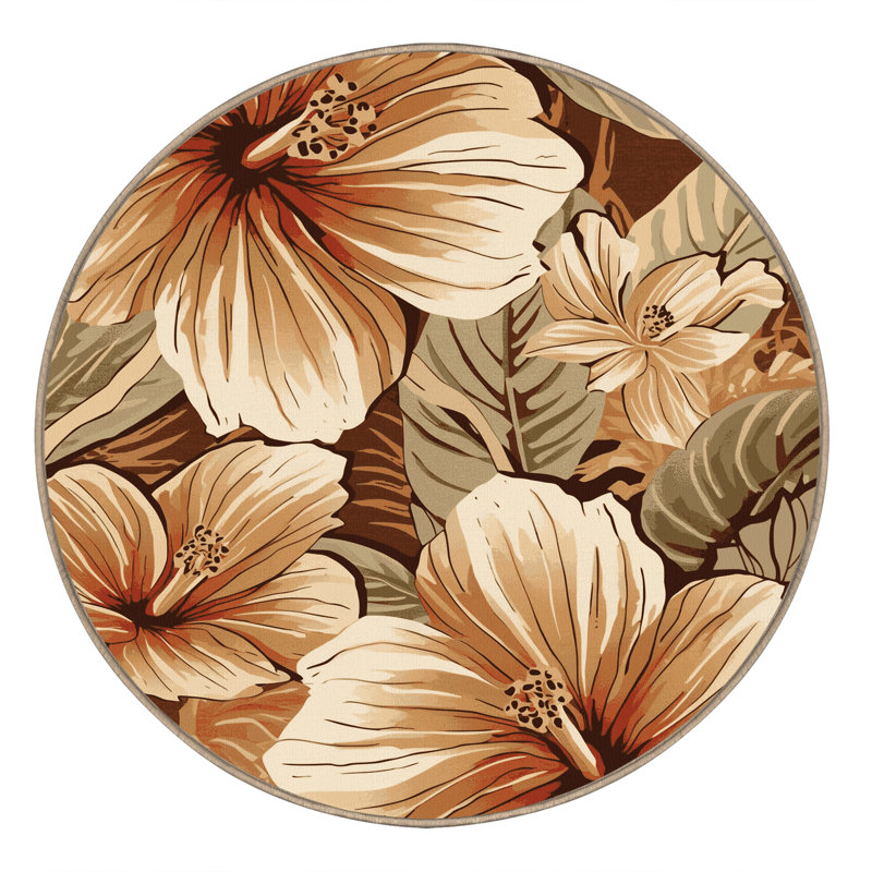 Tapis floral hibiscus parrilla lavable à la machine en brun - reliure beige, Rond 4 pi