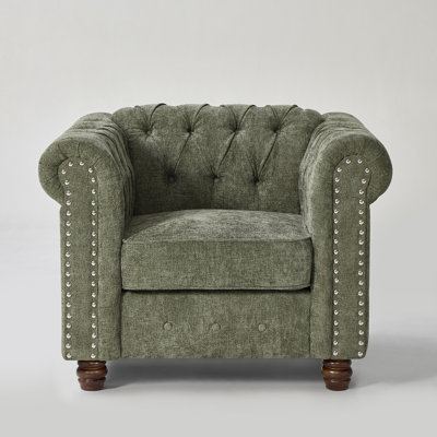 Abdulhameed Chenille Chesterfield Accent Chair, Upholstery Armchair with Rolled Arm and Nailhead Trim