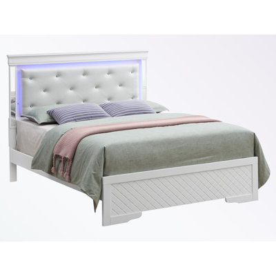 Queen size Wood Platform Bed with LED light and button tufted